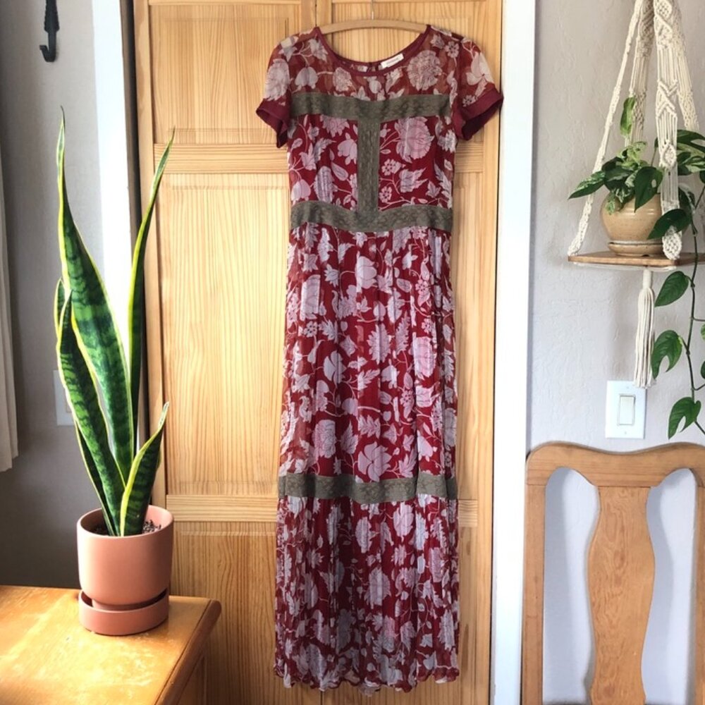 Sundance Red Floral Maxi Dress with Olive Trim